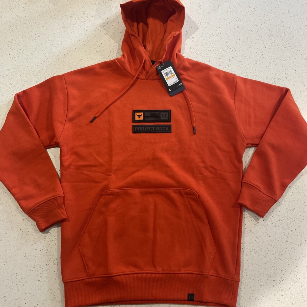Under Armour Project Rock Veterans Day HWT Hoodie Mens Small Orange 1382154 NWT